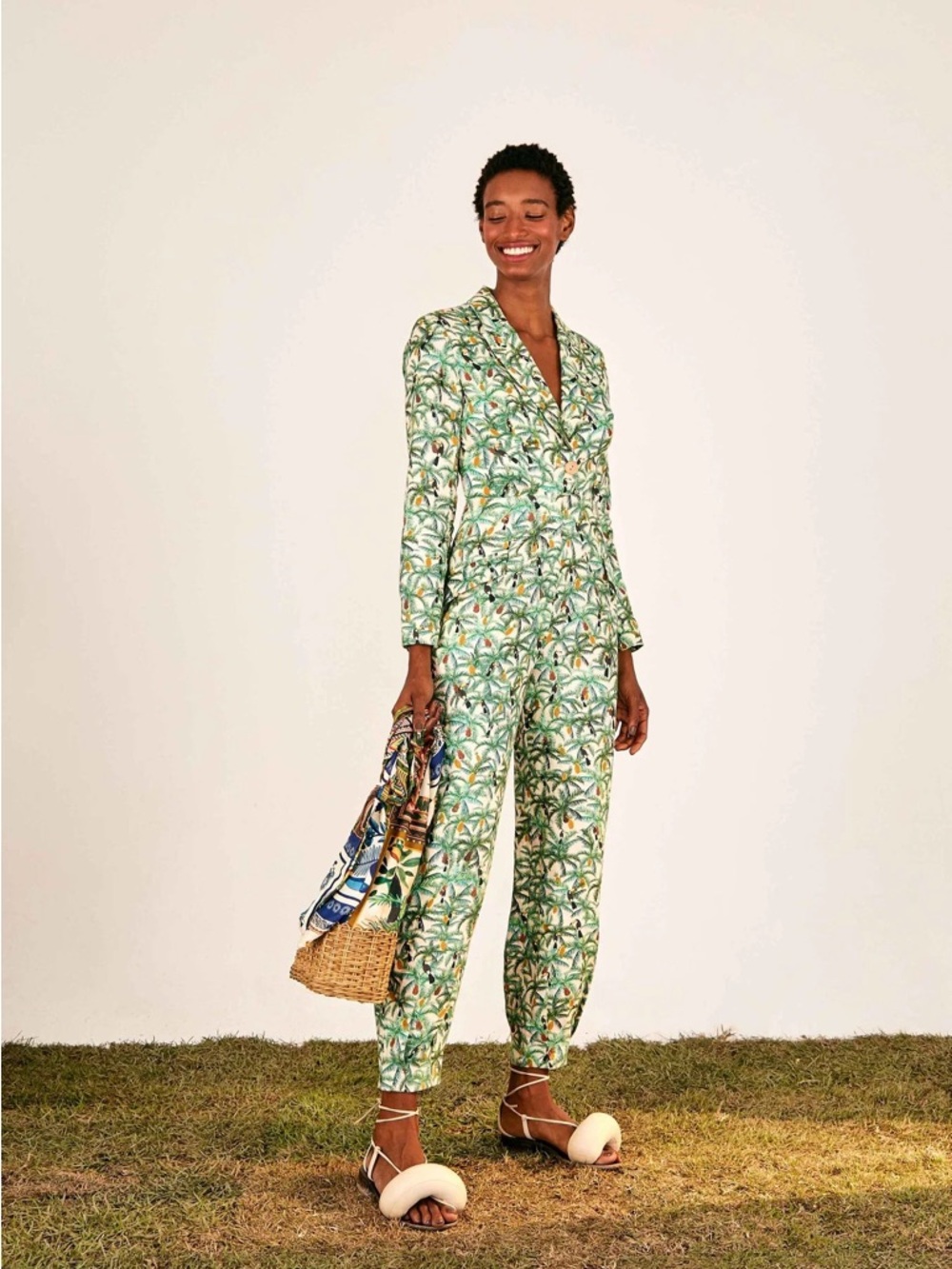 FARM Rio Green Palm-Print Long-Sleeve Jumpsuit